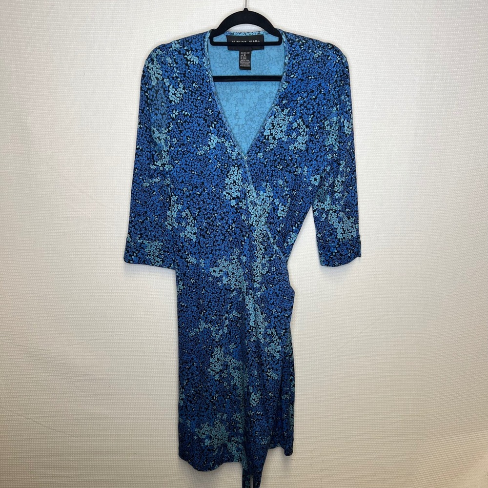 August‎ Silk Womens Blue Floral 100% Silk Wrap Dress 3/4 Sleeve Size 10 V-Neck